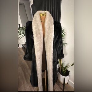 Vintage Full Length Black with Gray Collar Trim Faux Fur Mink Coat